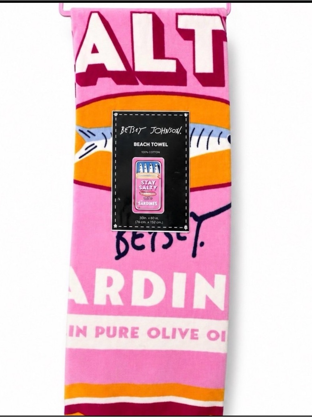 Betsey Johnson pink orange blue 'Stay Salty' Sardines Graphic Beach Towel